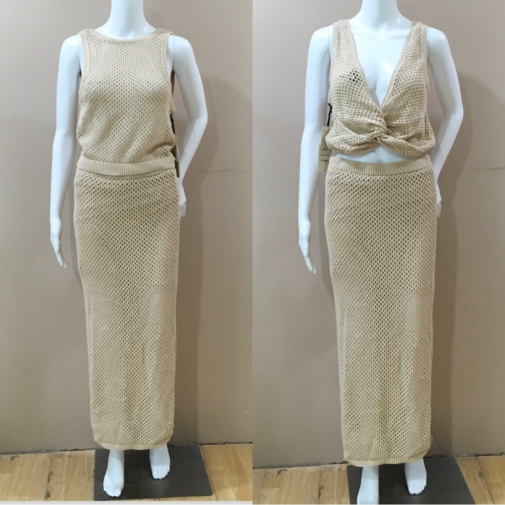 NWT Freshman 1996 Tan Crochet Knit 2pc Set Tank Top & Maxi Skirt Size Large